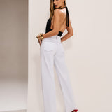 Calça Sarja Wide Leg Branca com Pesponto Preto