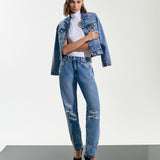 Calça Jeans Boyfriend Destroyed Faixas