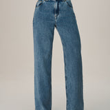 Calça Jeans Wide Leg Listras em Algodão Claro