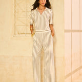 Conjunto Listrado com Gola Polo Centeio