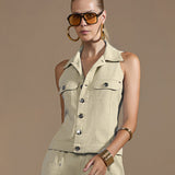 Colete Cargo Sarja com Botões Metálicos