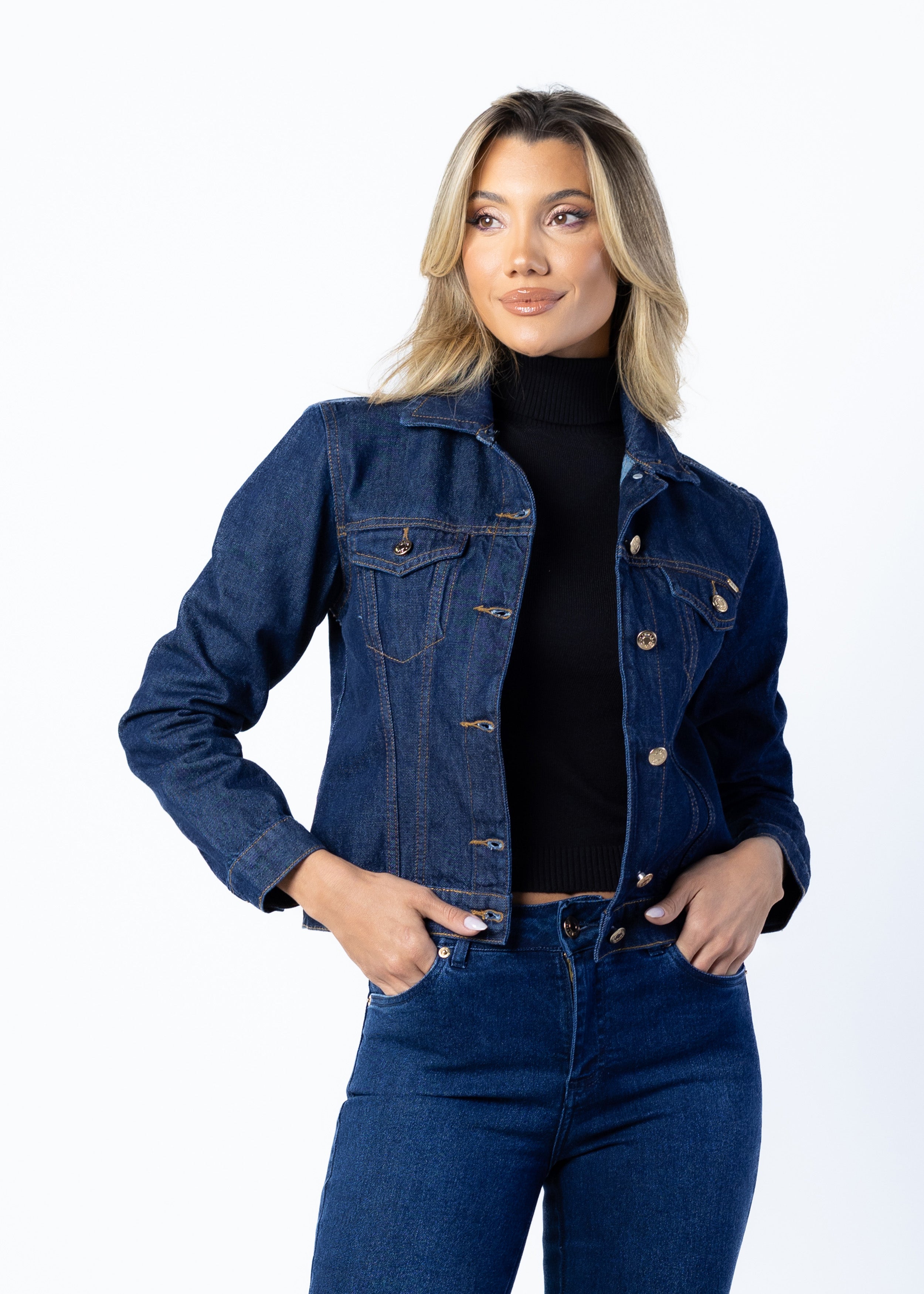 Jaqueta Jeans Trucker Cropped Escura