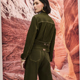 Jaqueta Jeans Verde Escuro com Pesponto Contrastante