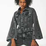 Jaqueta Jeans Cropped com Mangas Amplas