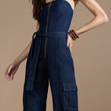 Macacão Jeans Sem Alças com Faixa