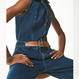 Macacão Jeans Slouchy com Gola Lapela