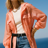 Parka em Organza com Capuz e Cinto Ajustável