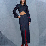 Saia Jeans Maxi Bordada