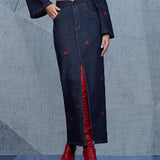 Saia Jeans Maxi Bordada