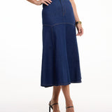 Saia Jeans Feminina Midi Evasê