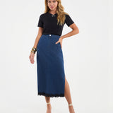 Saia Jeans Feminina Midi Barra em Renda