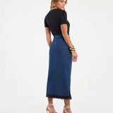 Saia Jeans Feminina Midi Barra em Renda