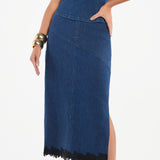 Saia Jeans Feminina Midi Barra em Renda