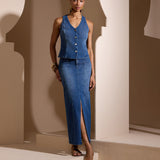 Saia Jeans Longa Corte Reto