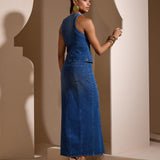 Saia Jeans Longa Corte Reto