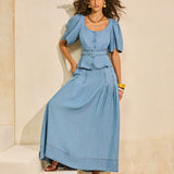 Saia Jeans Midi com Pregas