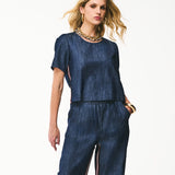 T-shirt Jeans com Faixa Lateral Tricolor
