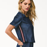 T-shirt Jeans com Faixa Lateral Tricolor