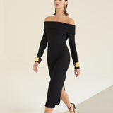 Vestido Feminino Midi Ombro a Ombro Canelado