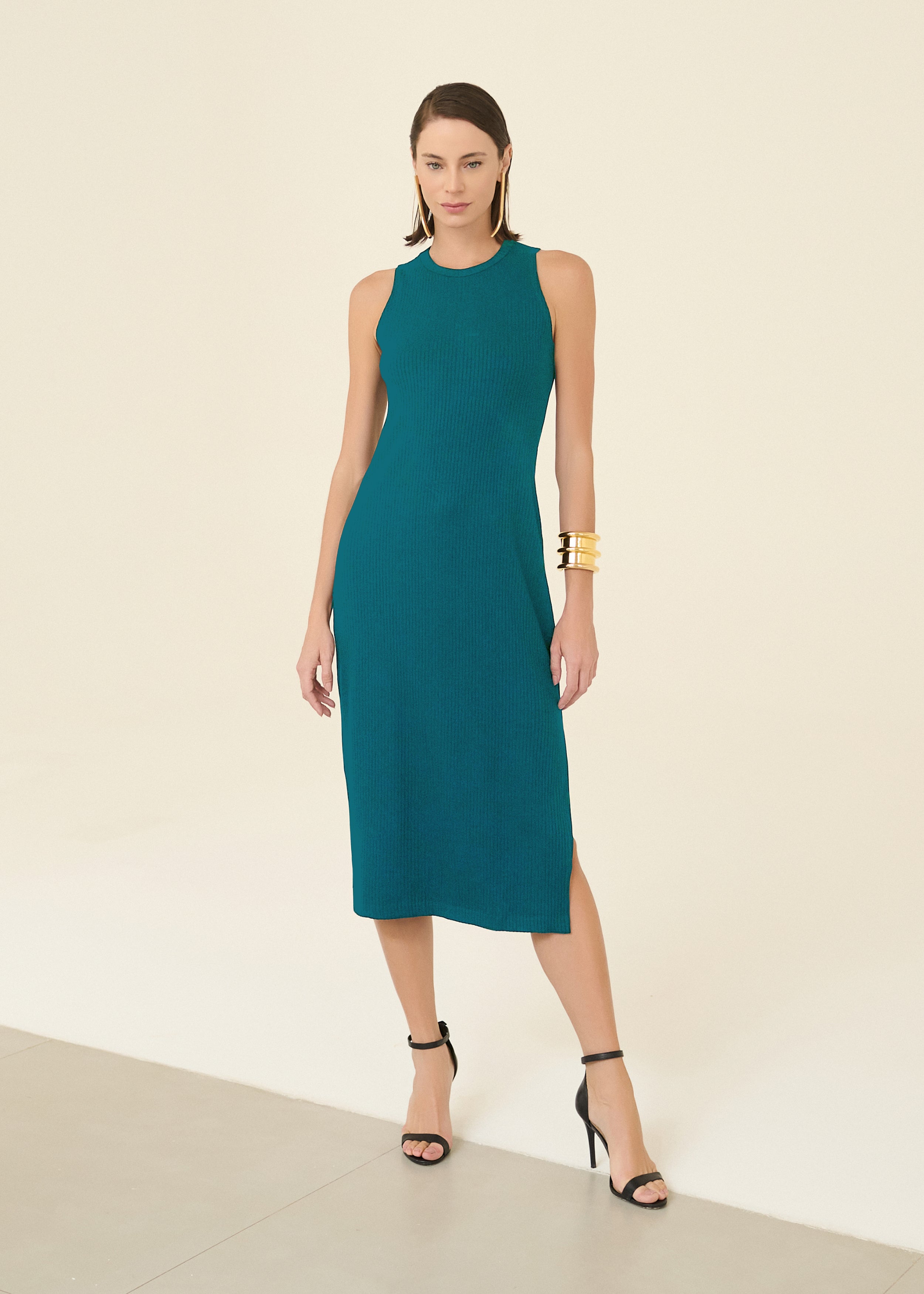 Vestido Midi Canelado Sem Mangas