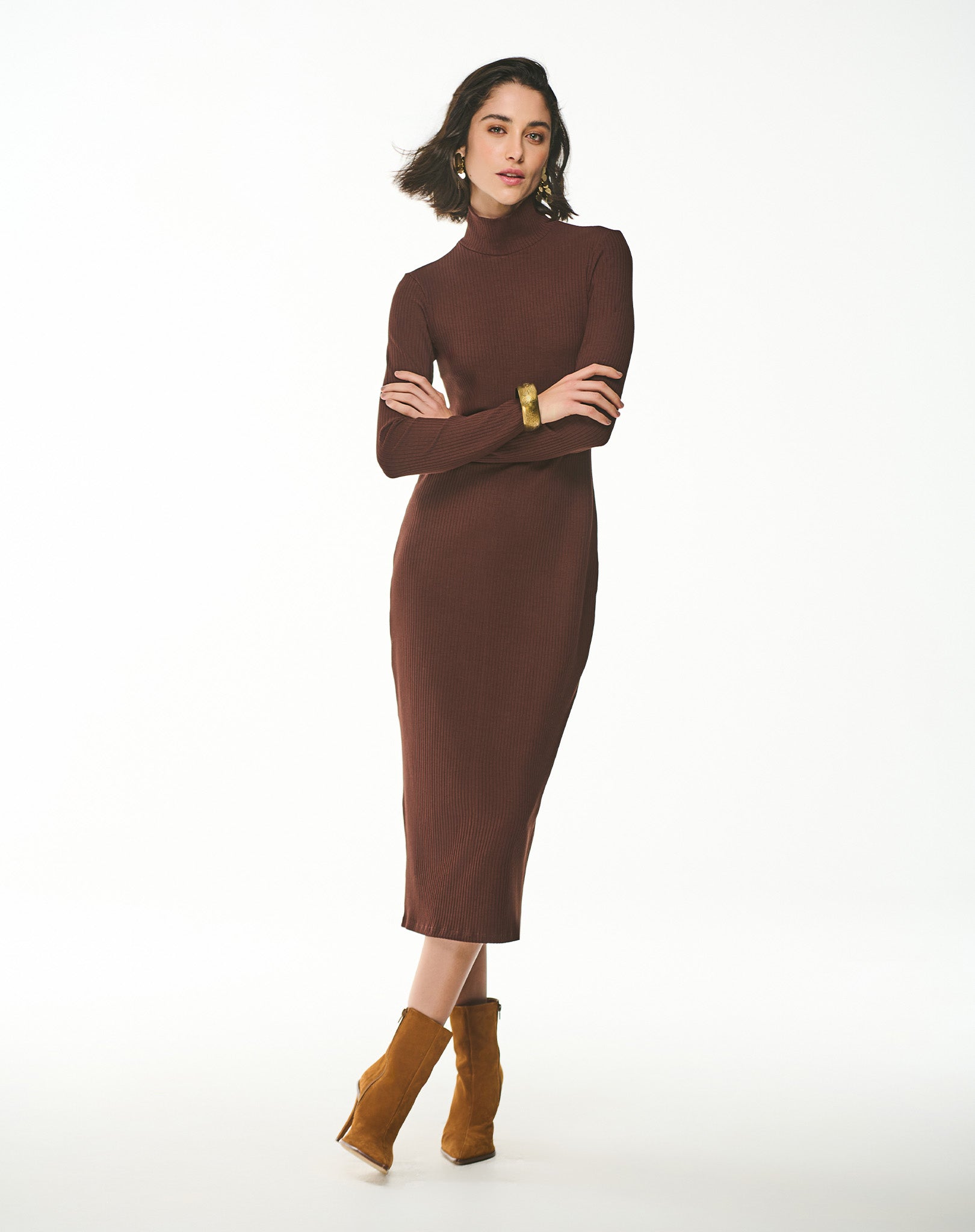 Vestido Midi Canelado Gola Alta Essencial