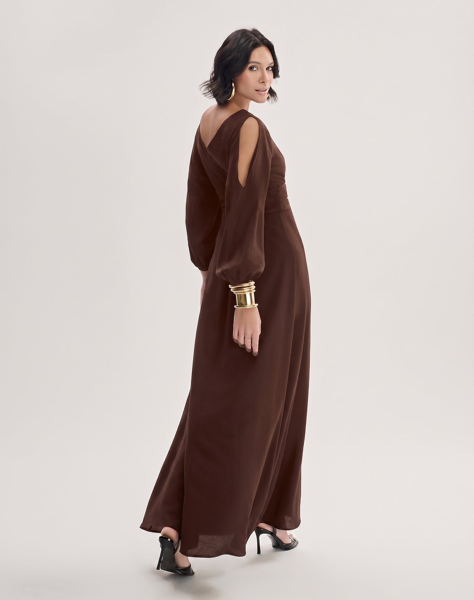 Vestido Maxi com Manga Longa Chocolate