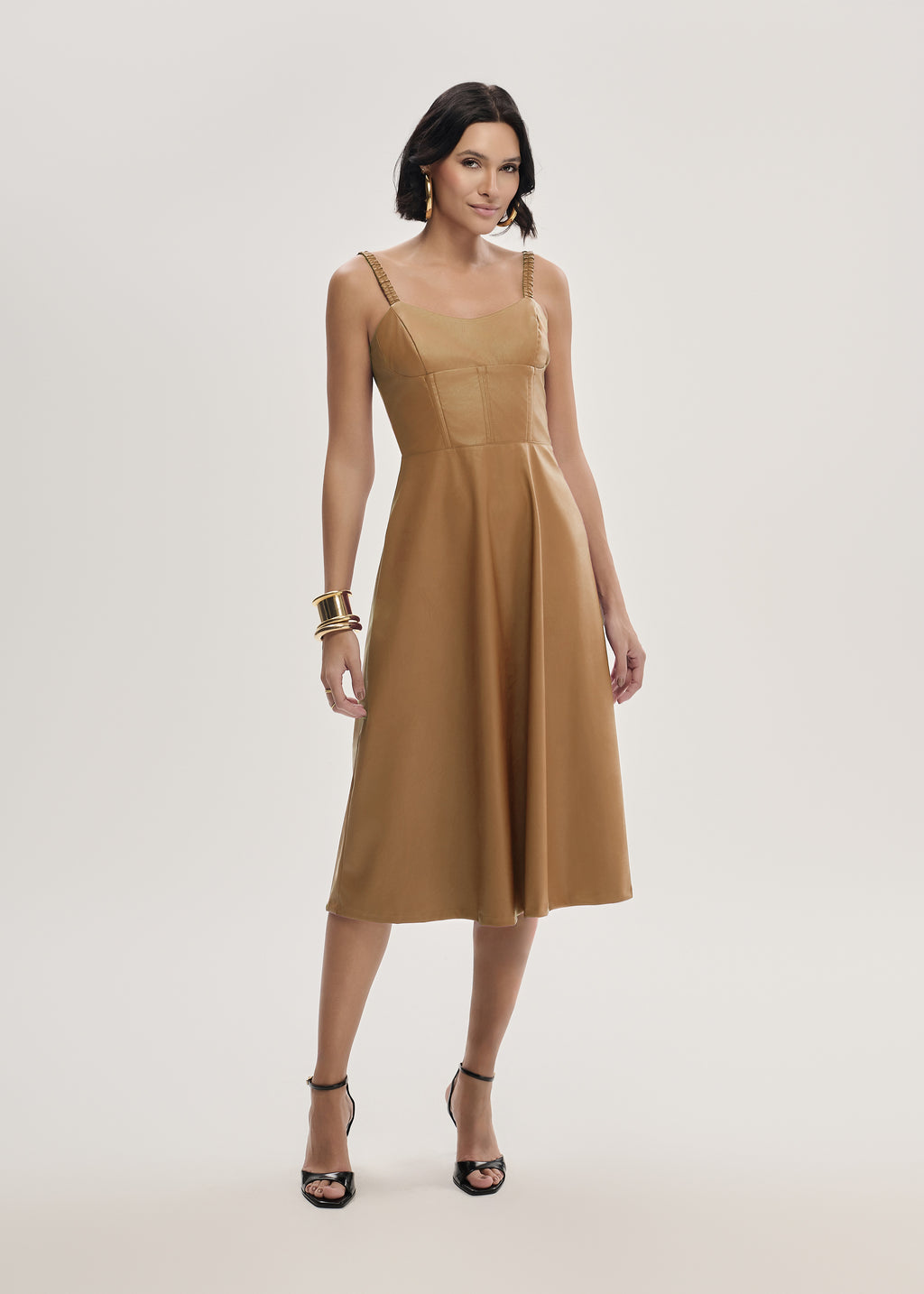 Vestido Midi em PU com Alça Fina