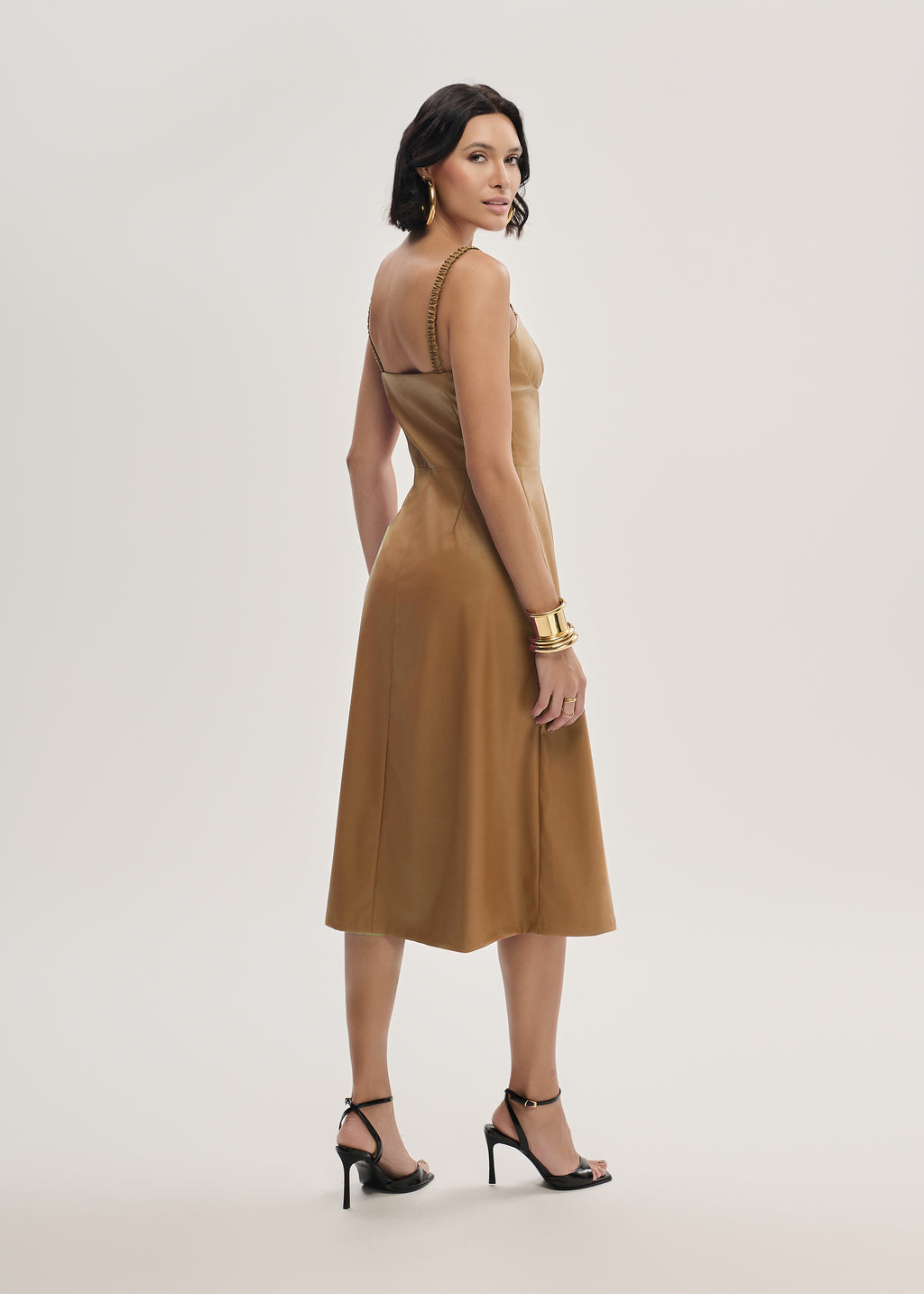Vestido Midi em PU com Alça Fina
