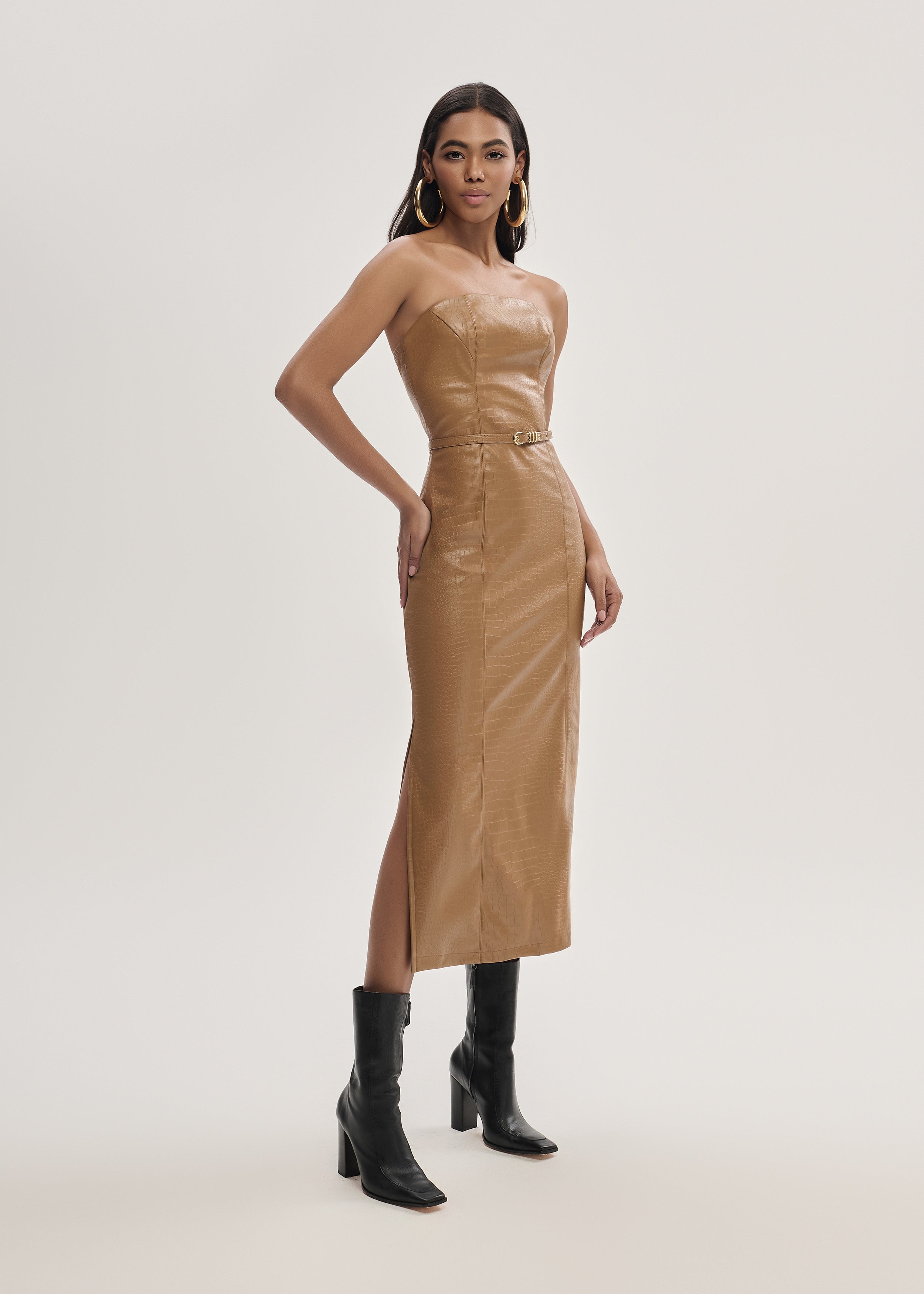 Vestido Midi em PU com Textura Croco