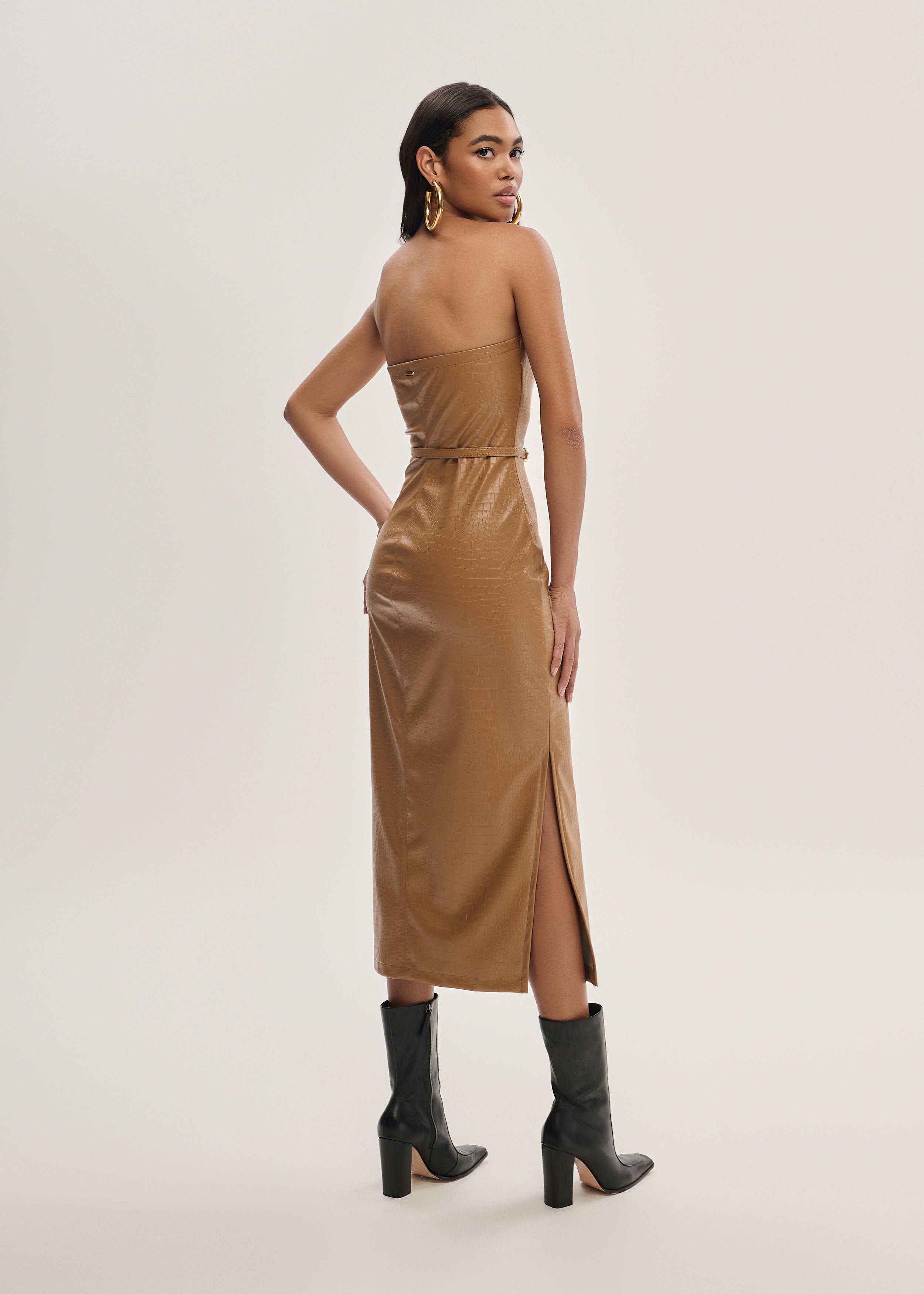 Vestido Midi em PU com Textura Croco