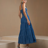 Vestido Jeans Longo com Bordado na Barra