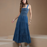 Vestido Jeans Longo Elastex Alças Finas