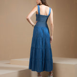 Vestido Jeans Longo Elastex Alças Finas