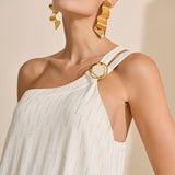 Vestido Um Ombro Só Lurex e Broche