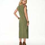 Vestido Midi com Recorte e Acabamento em PU