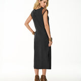 Vestido Midi com Recorte e Acabamento em PU