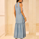 Vestido Maxi Jeans de Alças e Aplicação de Flor