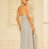 Vestido Frente única Listrado Midi com Faixa