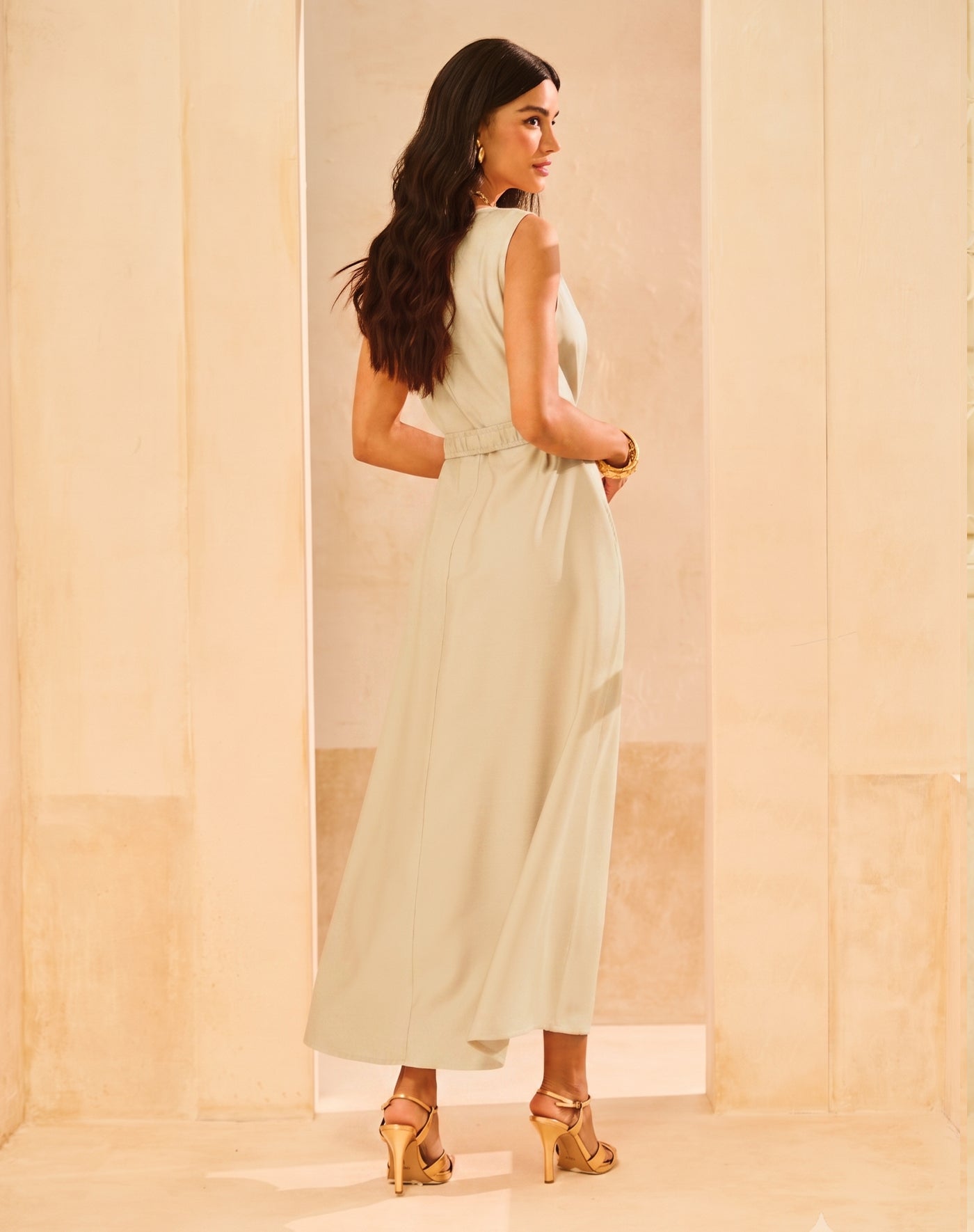 Vestido Maxi Midi com Cinto Flor Fendi