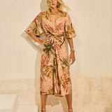 Vestido Midi Transpassado Estampa Palmar