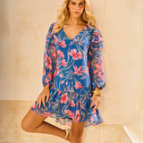 Vestido Curto com Babados Estampa Jardim Atlântico
