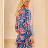 Vestido Curto com Babados Estampa Jardim Atlântico