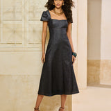 Vestido Midi Jeans com Decote Quadrado e Mangas Princesa