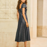 Vestido Midi Jeans com Decote Quadrado e Mangas Princesa