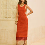 Vestido Maxi Midi em Crochet com Barra de Franjas
