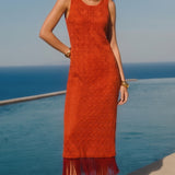 Vestido Maxi Midi em Crochet com Barra de Franjas