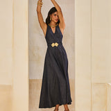 Vestido Longo Jeans Fresh com Cinto Flor