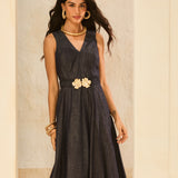Vestido Longo Jeans Fresh com Cinto Flor