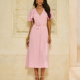 Vestido Midi em Viscolinho Washed Rosa com Cinto Forrado