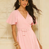 Vestido Midi em Viscolinho Washed Rosa com Cinto Forrado